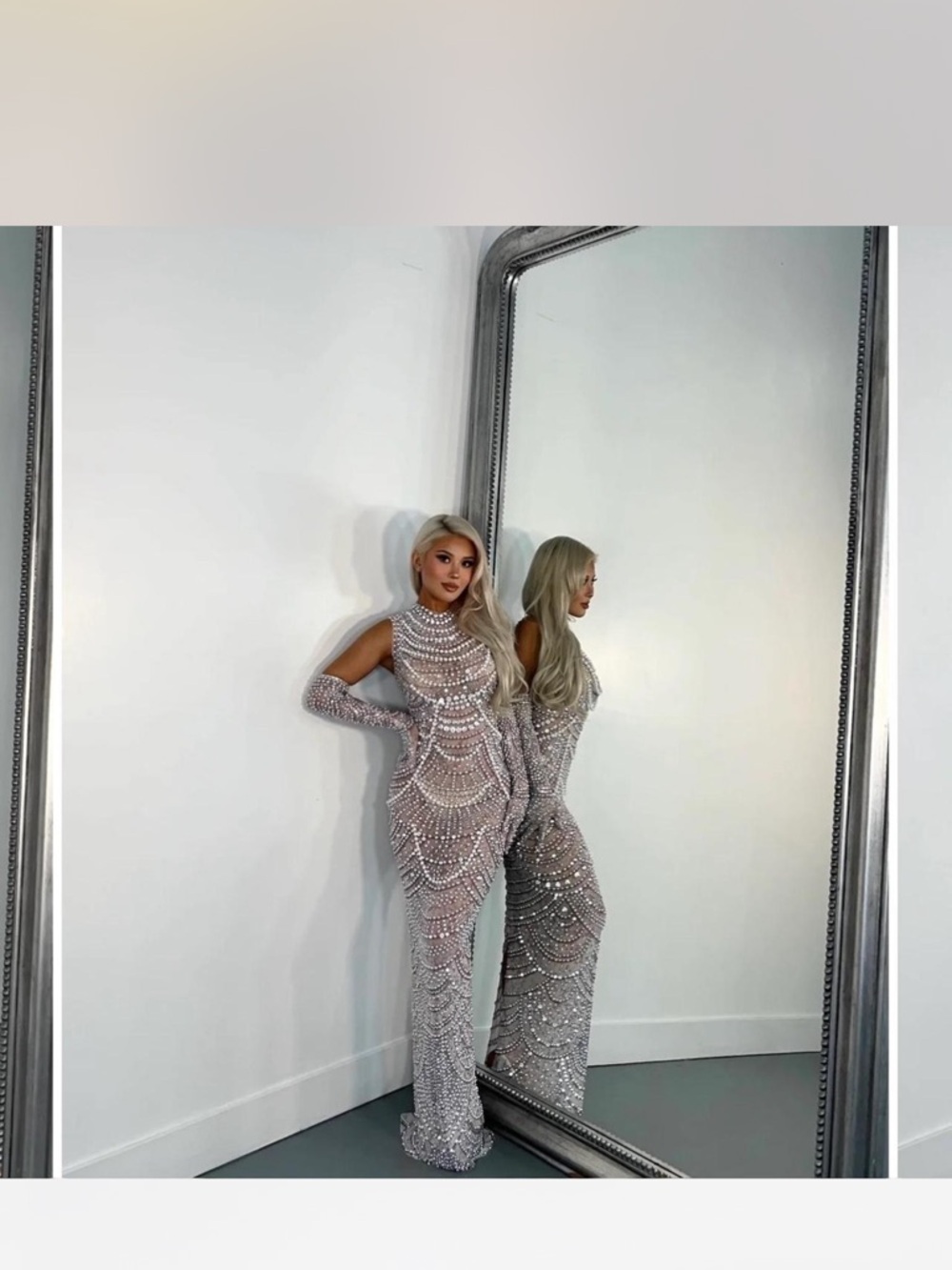 Elegant Beaded Maxi Dress in Silver - Sleeved Evening Gown